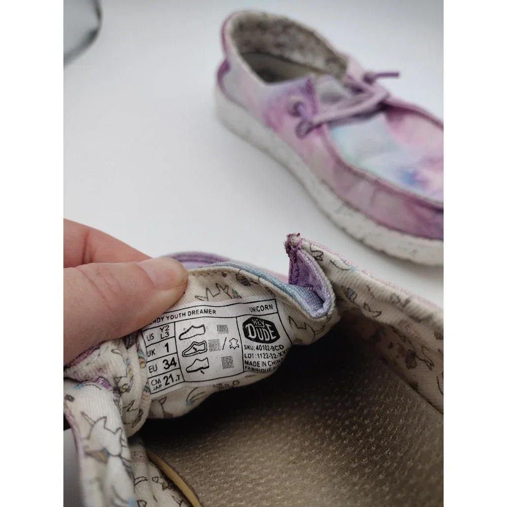 Hey Dude Wendy Youth Dreamer Purple Tie Dye Unicorn Shoes Kids Size 2